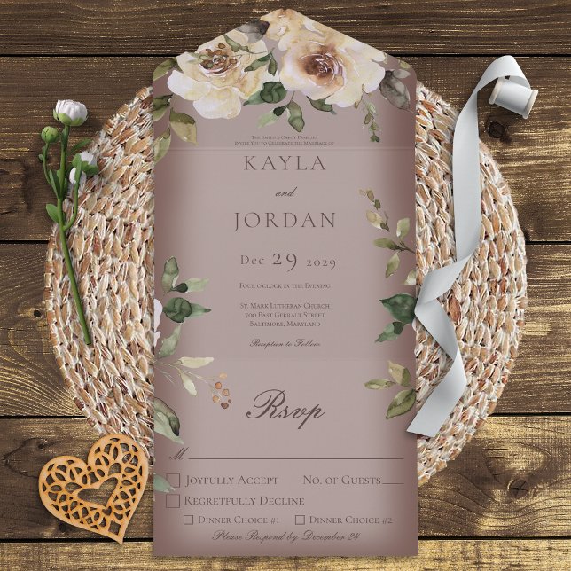 Boho Cream Rose Brown Dinner All In One Einladung (Von Creator hochgeladen)