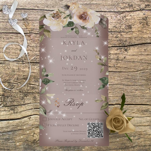 Boho Cream Rose Sparkle Brown QR-Code All In One Einladung (Von Creator hochgeladen)