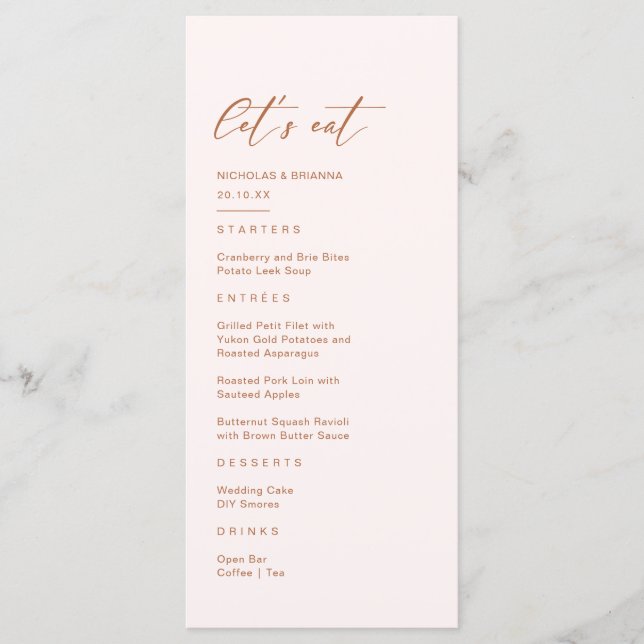 Boho Cream und Burnt Orange Wedding Menükarte (Vorderseite)