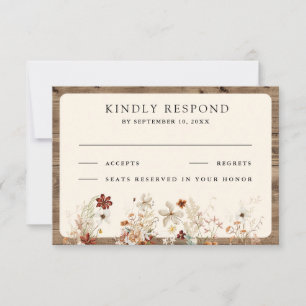 Boho Cream Wildblumen Holz Hochzeit RSVP Karte