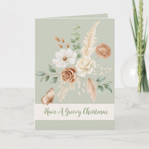 Boho Creme Grüner Floraler Schmetterling Weihnacht Karte