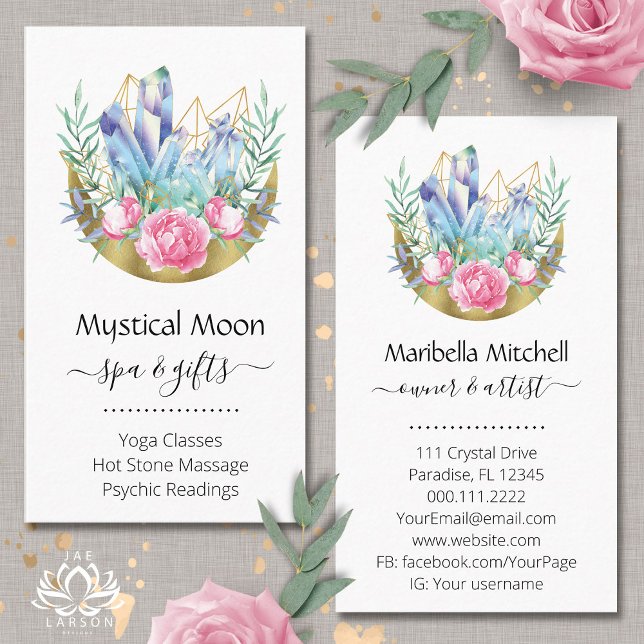 Boho Crescent Moon Crystal Cluster Pink Roses Chic Visitenkarte (Von Creator hochgeladen)