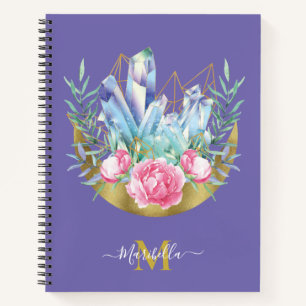 Boho Crescent Moon Crystal Cluster Pink Roses Notizbuch