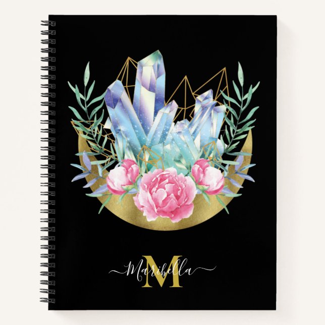 Boho Crescent Moon Crystal Cluster Pink Roses Notizbuch (Vorderseite)