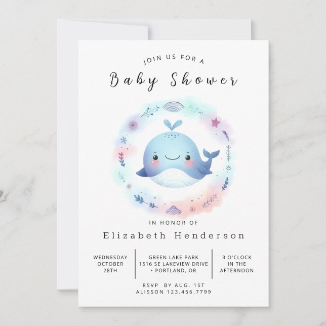 Boho Custom Whale Baby Shower Einladung (Vorderseite)
