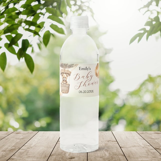 Boho Cute Bear Air Balloon Clouds Baby Shower Wasserflaschenetikett (Boho Cute Bear Air Balloon Clouds Baby Shower Water Bottle Label)
