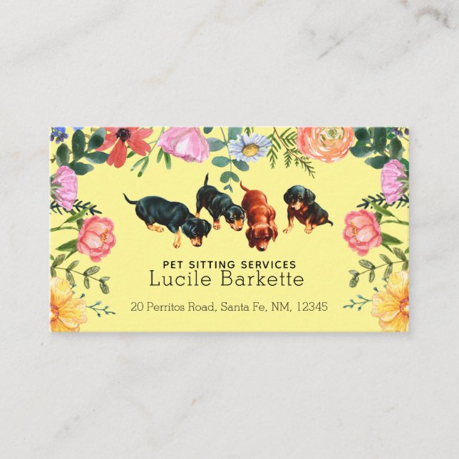 Boho Cute Dachshund Pet Sitting Wildflowers Yellow Visitenkarte (Vorderseite)