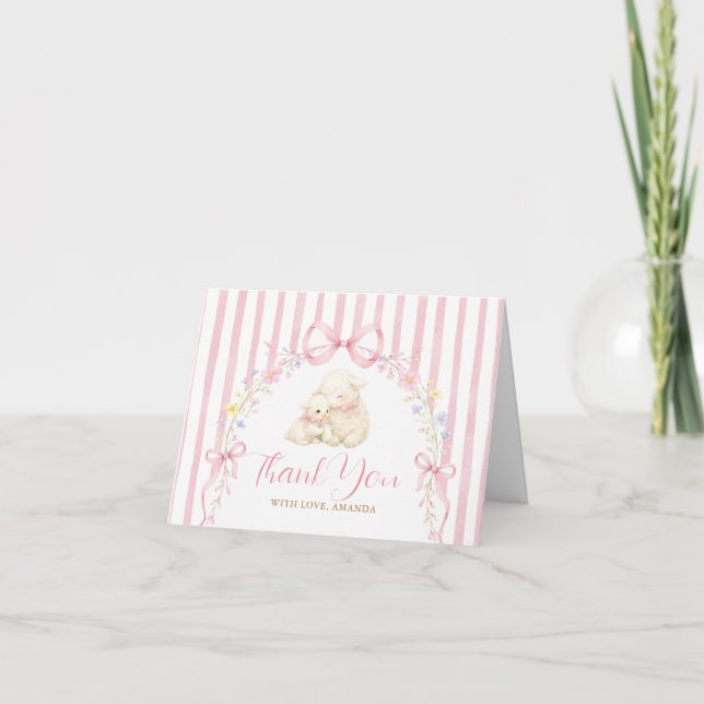 Boho Cute Ein kleines Lamm Rosa Schleife Gingham Dankeskarte (Vorderseite)