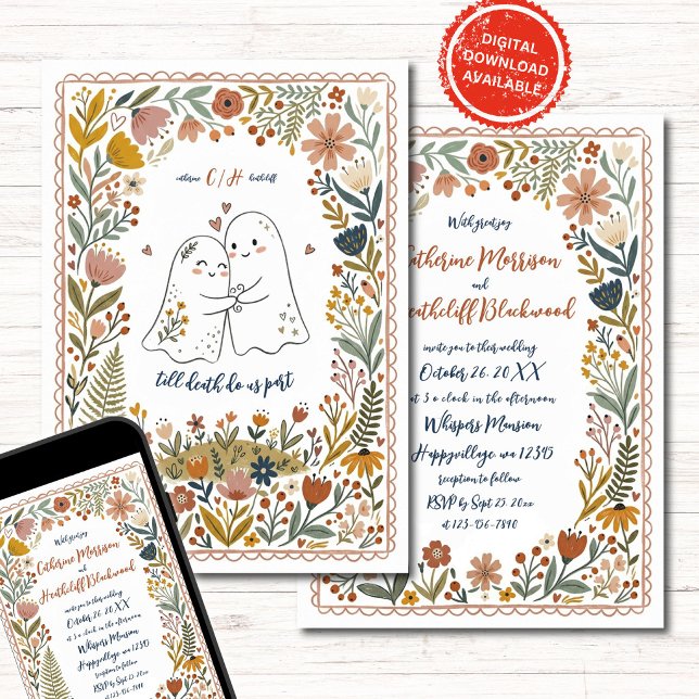 Boho Cute Ghosts Wedding Invitation Einladung (Von Creator hochgeladen)