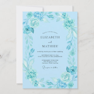 Boho-Cyan-Wasserfarben-Blumen-Hochzeit Einladung