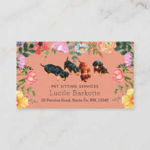 Boho-Dachshund-Haustiersitting Wildblumen Koralle Visitenkarte