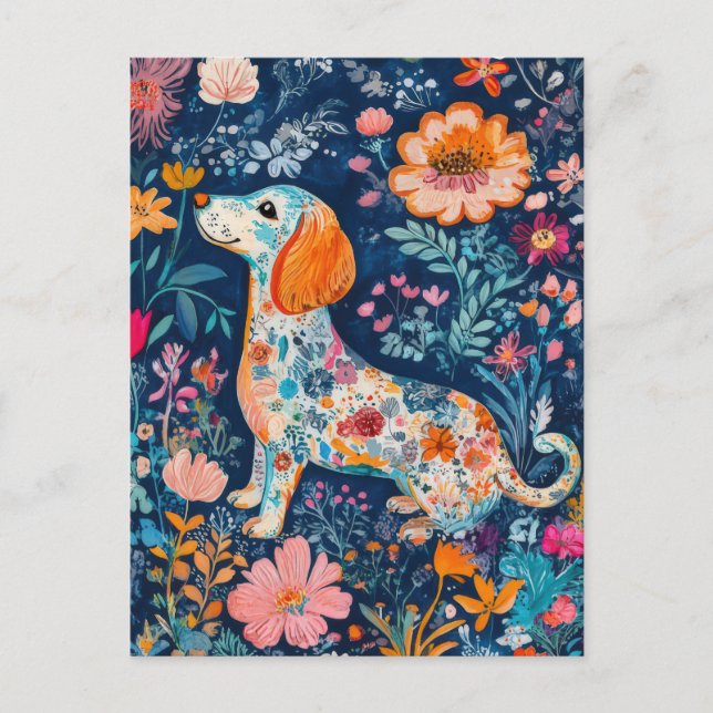 Boho Dackel mit Blumen Postkarte (Vorderseite)