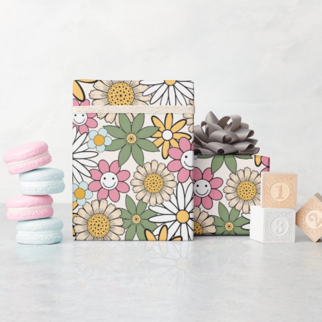 Boho Daisy Blume 70er Groovy Floral Geschenkpapier (Babyparty)