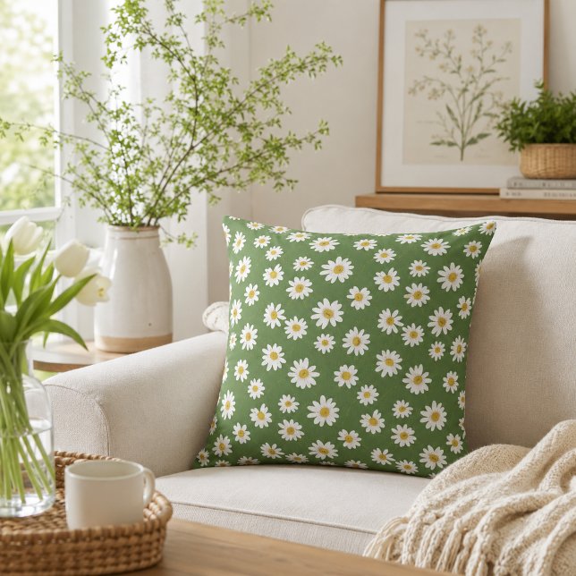 Boho-Daisy-Blumenmuster Grün Kissen (Von Creator hochgeladen)