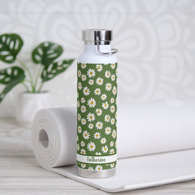 Boho-Daisy-Blumenmuster Grün Name  Trinkflasche (Yoga (gedreht))
