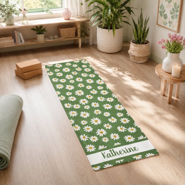 Boho-Daisy-Blumenmuster Grüner Name  Yogamatte (Von Creator hochgeladen)