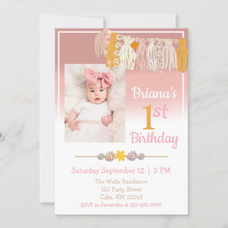 Boho Daisy Custom Foto Pink Erster Geburtstag Einladung