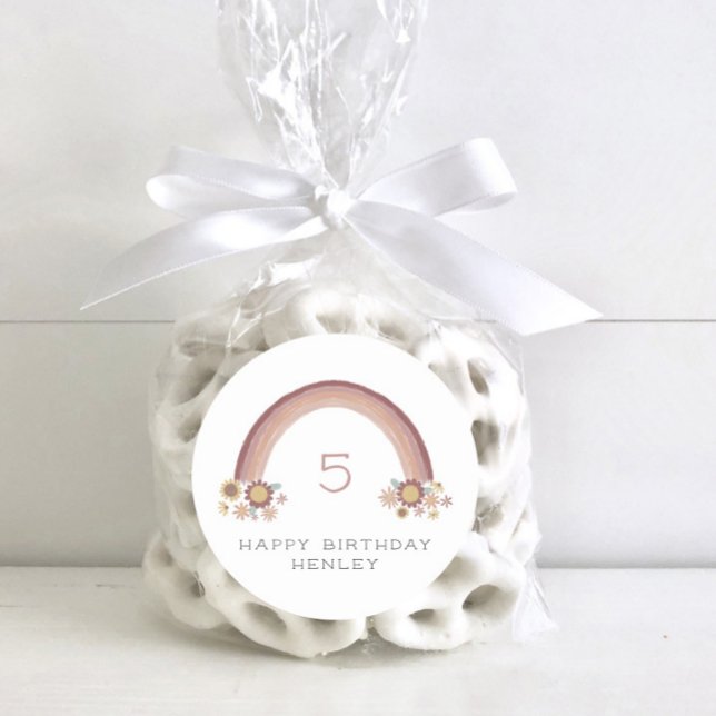 Boho Daisy Floral Rainbow Girls Birthday Runder Aufkleber (Von Creator hochgeladen)