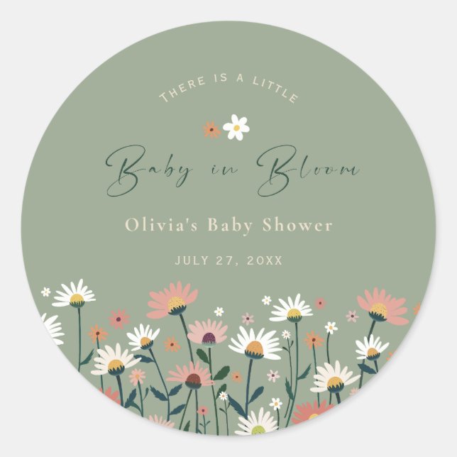 Boho Daisy Floral Sage Green Baby in Blütendusche Runder Aufkleber (Vorderseite)