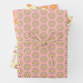 BOHO Daisy Flowers on Pastel Pink Floral Easter Geschenkpapier Set