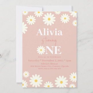 Boho Daisy One Floral Pink Bohemisch 1. Geburtstag Einladung