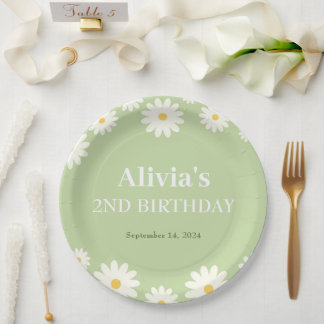 Boho Daisy Two Floral Green Bohemisch 2. Geburtsta Pappteller