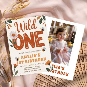Boho Daisy Wild One Erster Geburtstag Foto Einladung