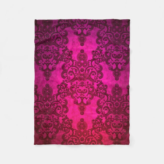 Boho Damask Tiefglühender rosa Viktorianischer Sti Fleecedecke (Vorderseite)