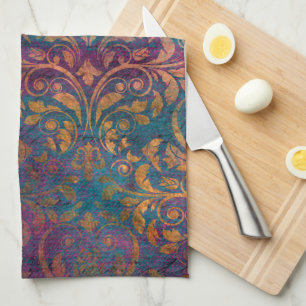 Boho Damast elegantes Lila Blau Gold Geschirrtuch