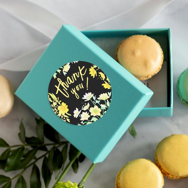 Boho danke Spring Green Yellow Black Floral Runder Aufkleber (Von Creator hochgeladen)