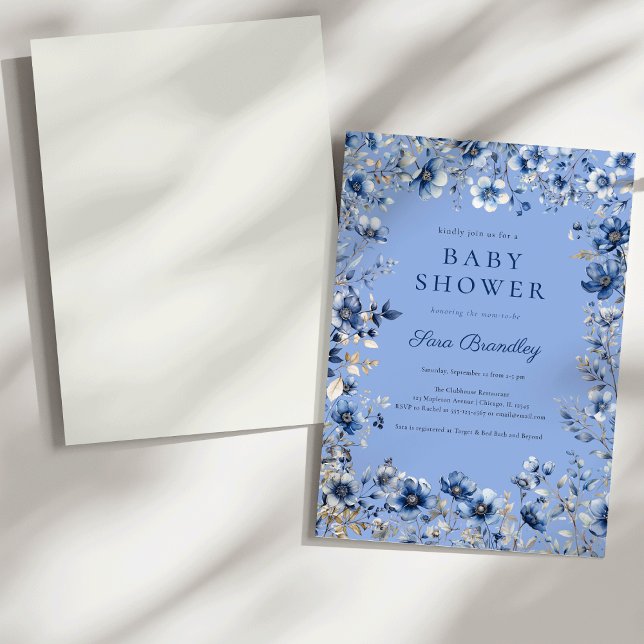 Boho Dark and Dusty Blue Wildblumen Babydusche Einladung (Boho Dark and dusty blue crisp white wildflowers Baby shower Invitation)
