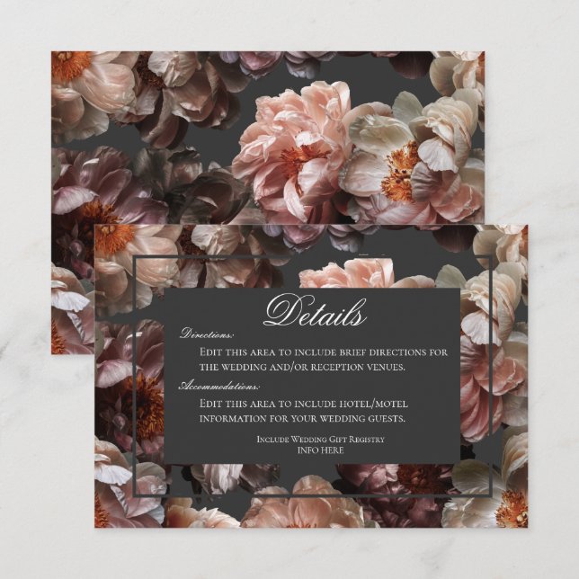 Boho Dark Peony Blume Modern Wedding Details Begleitkarte (Vorne/Hinten)