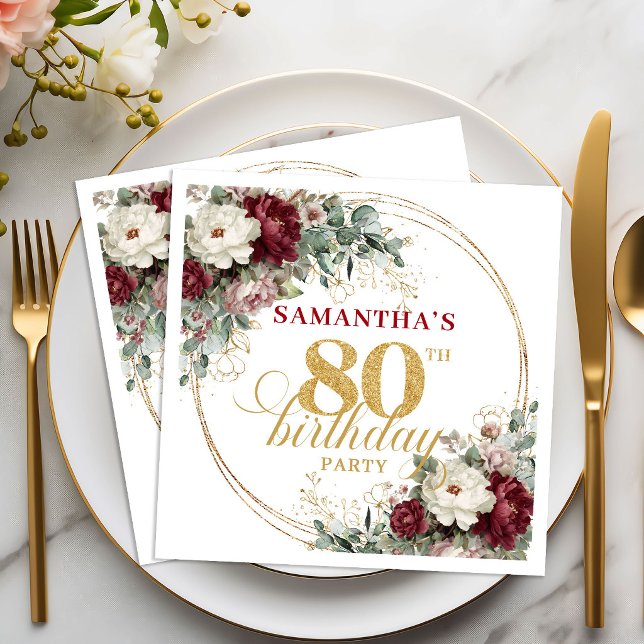 Boho Deep Red Floral 80. Geburtstag Servietten (Boho Deep Red Floral 80th Birthday Napkins)