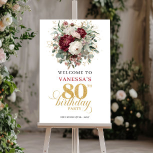 Boho Deep Red Floral 80. Geburtstags Willkommenspo Poster