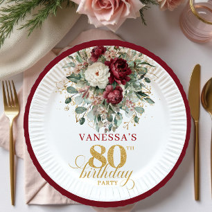 Boho Deep Red Floral Gold 80. Geburtstag Papier Pappteller