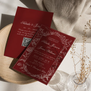 Boho Deep Red Floral QR Code Botanische Hochzeit Einladung
