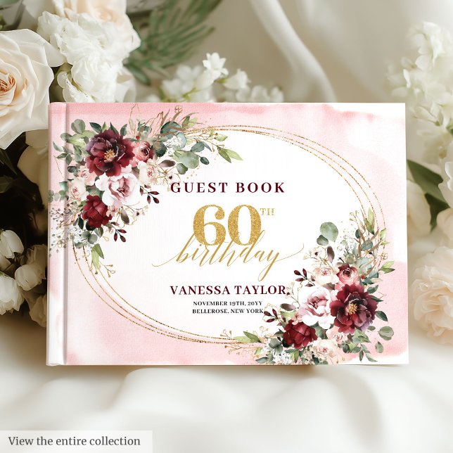 Boho Deep Red Gold Floral 60th Birthday Guest Book Gästebuch (Boho Deep Red Gold Floral 60th Birthday)