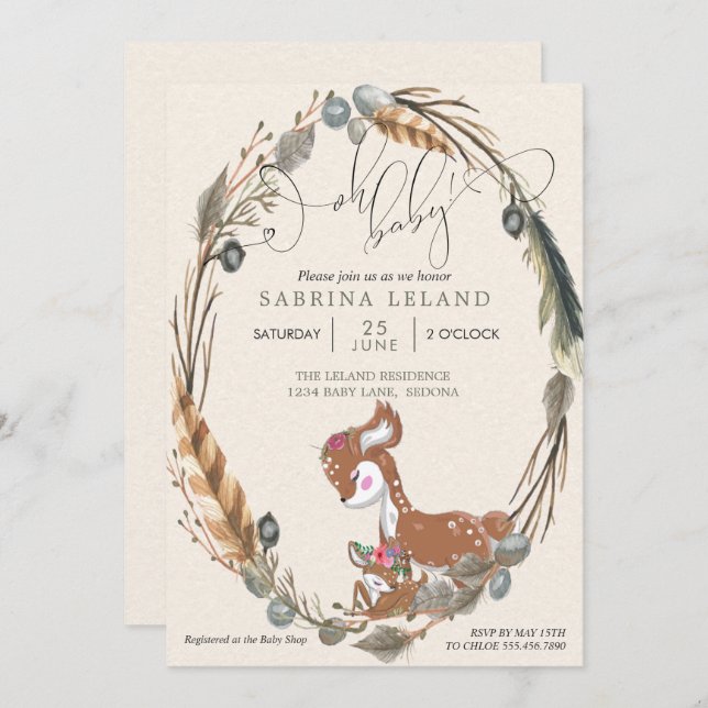 BOHO Deer and Fawn Baby Shower Einladung (Vorne/Hinten)