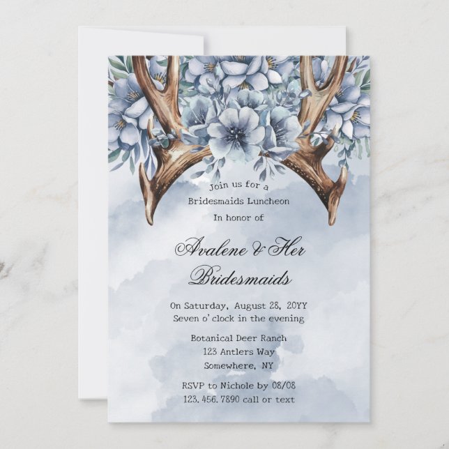 Boho Deer Antler Blue Floral Bridesmaids Luncheon Einladung (Vorderseite)