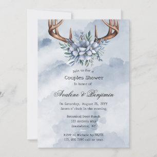 Boho Deer Antler Blue Floral Wedding Couple Dusche Einladung
