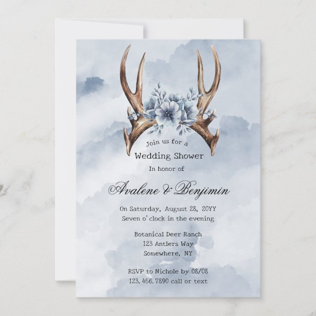Boho Deer Antler Blue Floral Wedding Couple Dusche Einladung (Vorderseite)