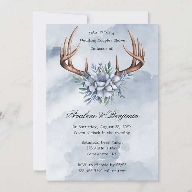 Boho Deer Antler Blue Floral Wedding Couple Dusche Einladung (Vorderseite)