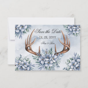 Boho Deer Antler Dusty Blue Floral Save The Date