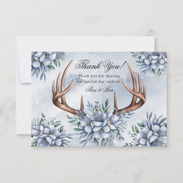 Boho Deer Antler Dusty Blue Floral Vielen Dank Dankeskarte (Vorderseite)