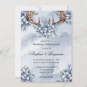 Boho Deer Antler Dusty Blue Floral Wedding Einladung
