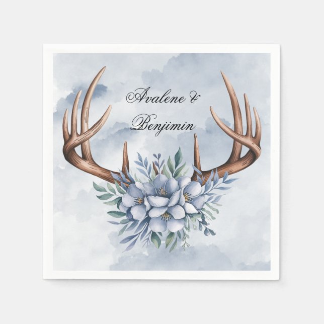 Boho Deer Antler mit Blue Florals Wedding Serviette (Vorderseite)
