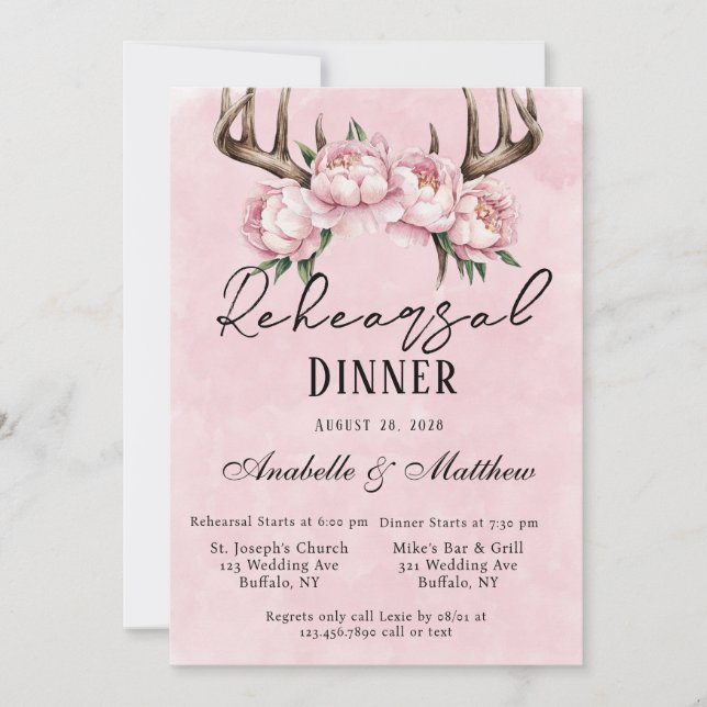 Boho Deer Antlers Pink Peonies Probe Dinner Einladung (Vorderseite)