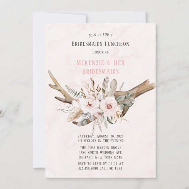 Boho Deer Antlers und Florals Bridesmaids Luncheon Einladung (Vorderseite)