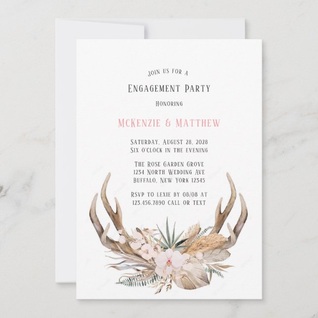 Boho Deer Antlers und Florals Engagement Party Einladung (Vorderseite)