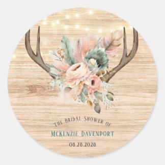 Boho Deer Antlers und Florals Wood Brautparty Runder Aufkleber